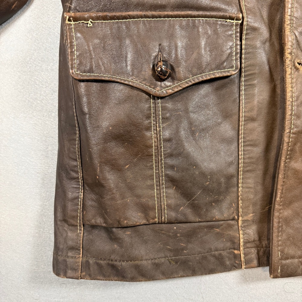 Vintage 70's Towncraft Leather Jacket Safari Coat Size 38 Brown Front Pockets - Picture 8 of 15